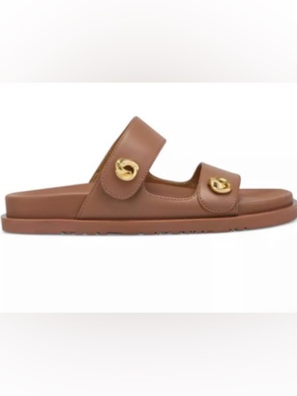 Donna Karan Hazley Cognac Leather Slip-On Sandals Double Strap Gold Accents 9 - Picture 5 of 15